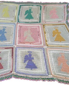 Handmade Crochet Angels Afghan Blanket Colorful Granny Squares Pastel 61" Baby